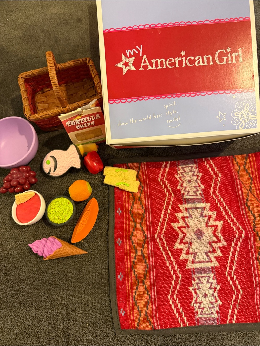 American Girl Red Southwestern Picnic Rug with Play Food Set
